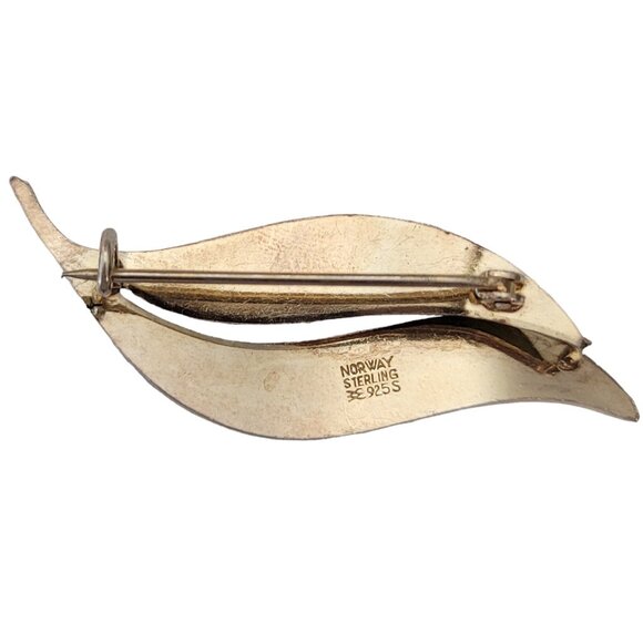 Aksel Holmsen Norway Sterling 925S Green Enamel Leaf Duo Pin, Signed L47 - Picture 5 of 9